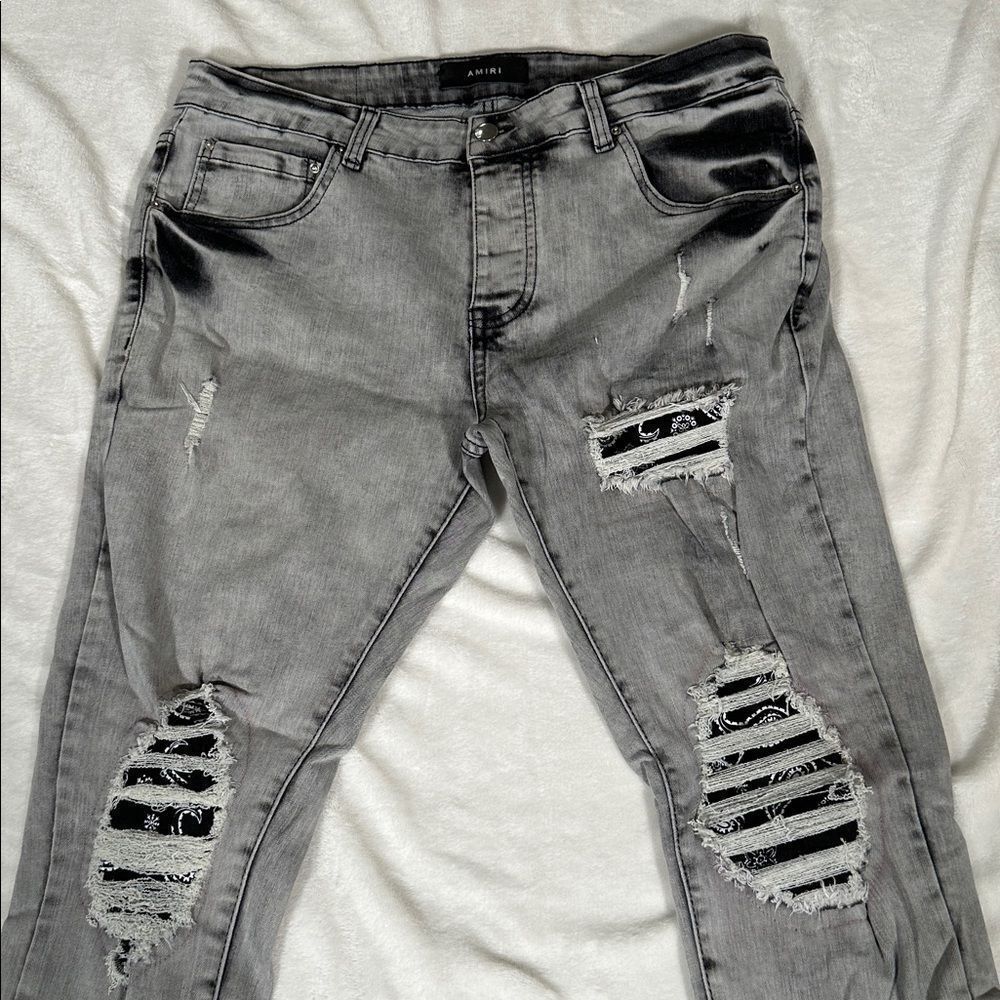 Amiri MX1 Grey & Black Jeans with Black Bandana Patches.
